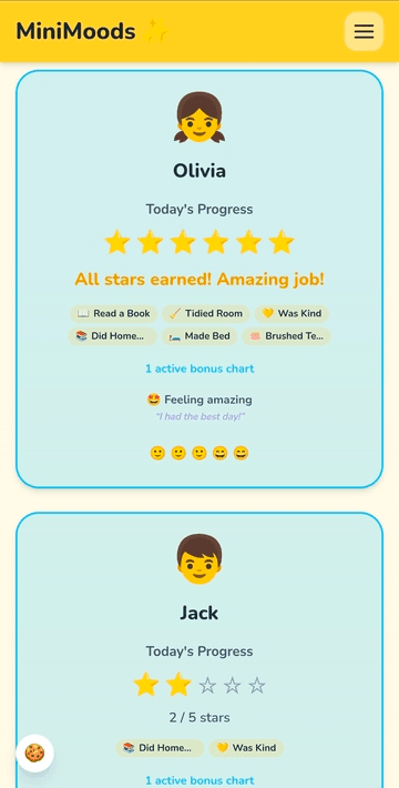 MiniMoods parent dashboard showing child cards with progress