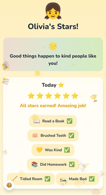 Kid-friendly share page showing stars, streak, and mood picker