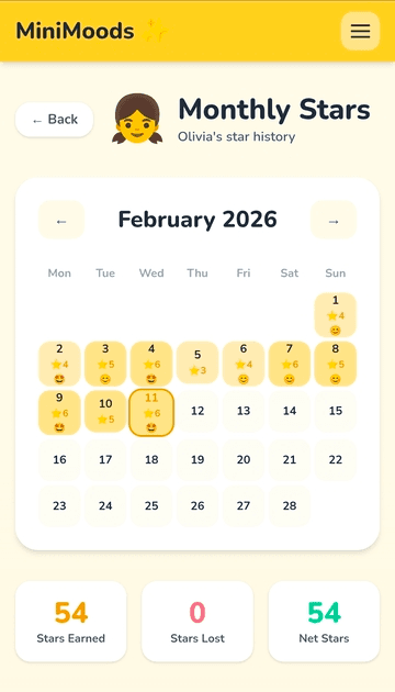 Monthly calendar view showing daily star counts and mood indicators